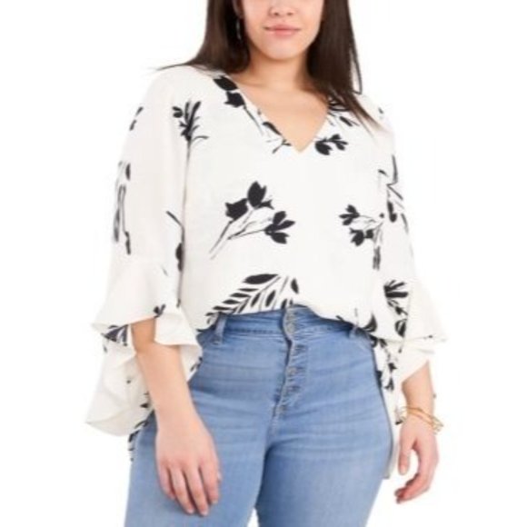 Vince Camuto Ivory & Black Floral Print V-neck Trumpet Sleeve Top - Picture 3 of 3